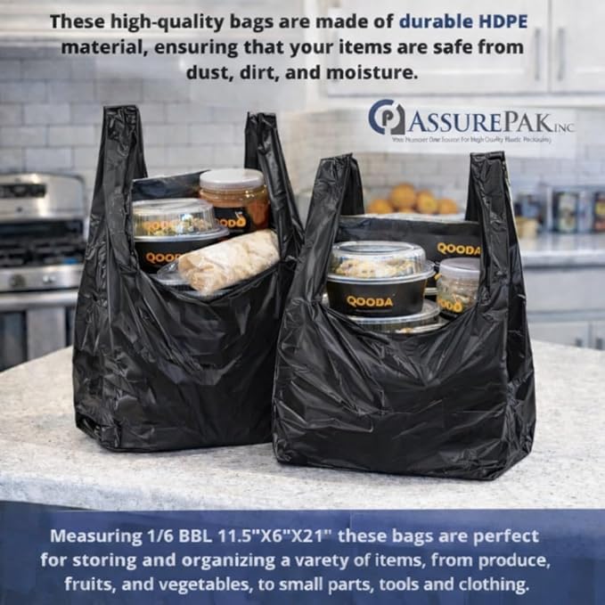 ASSUREPAK Easy Open - 1000 Bags - Black Unprinted HDPE T-Shirt Bags - 1/6 BBL 11.5"X6"X21" - 13 microns - Black - LOOP-BLACK-EO