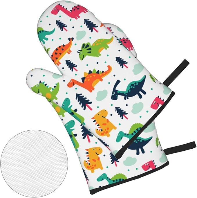 Cute Dino Kawaii Dinosaur Oven Mitts and Pot Holders Set of 4, Oven Mittens and Potholders Heat Resistant Gloves for Kitchen Cooking Baking Grilling BBQ