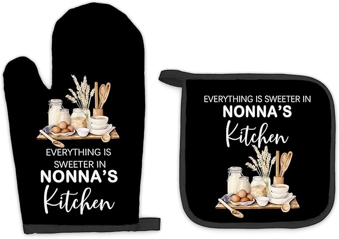 Nonna Gifts Oven Mitts and Pot Holders Sets, NonnaGifts from Grandkids Kitchen Accessories Sets, Sweeter in Nonna’s Kitchen Grandma Heat Resistant Oven Glove Potholders for Cooking Baking