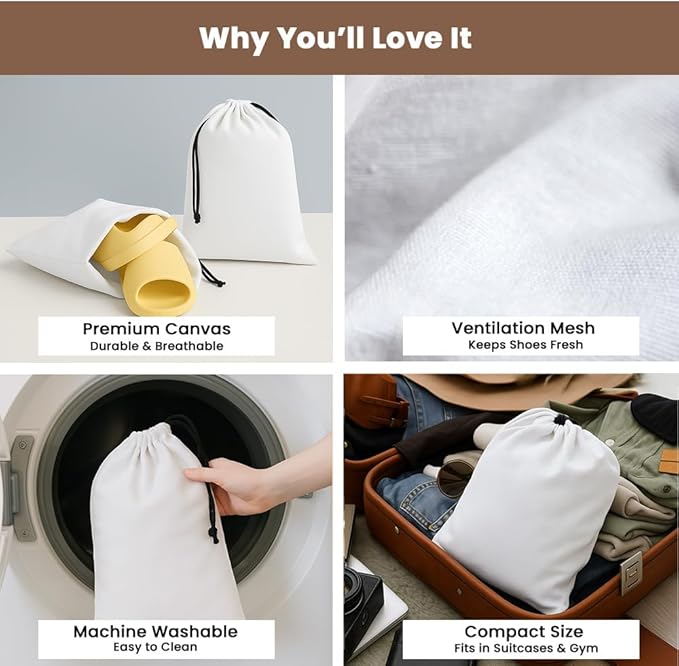 LFH Cotton Rich Shoe Storage Bags with Drawstring, Dustproof Breathable Reusable Organizer, Perfect For Travel, Dorm, Hotel, College, Gym, Easy to Carry, Machine Washable 8"x17" (Pack of 2) - White