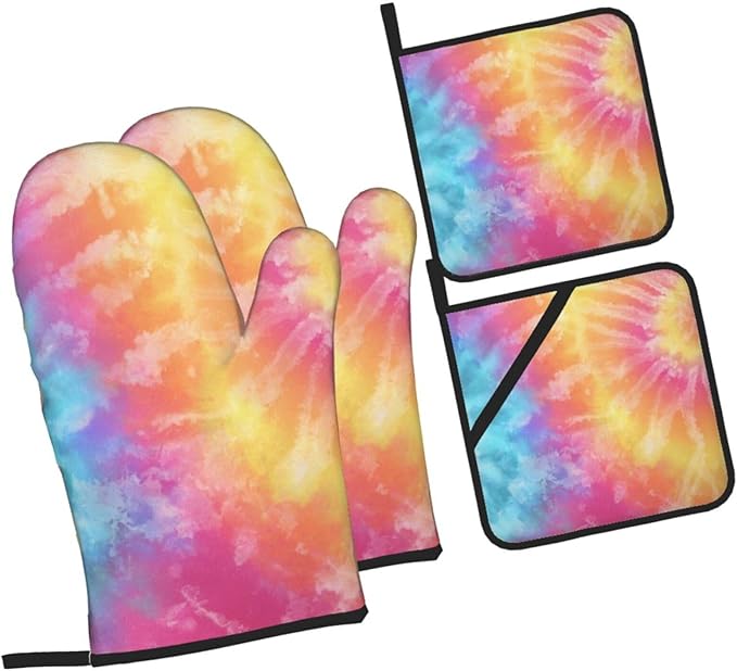 Oven Mitts and Pot Holders Sets of 4 Colorful Tie Dye Kitchen Potholder Gloves Heat Resistant Non-Slip for Chef Baking Cooking Grilling BBQ Mittens
