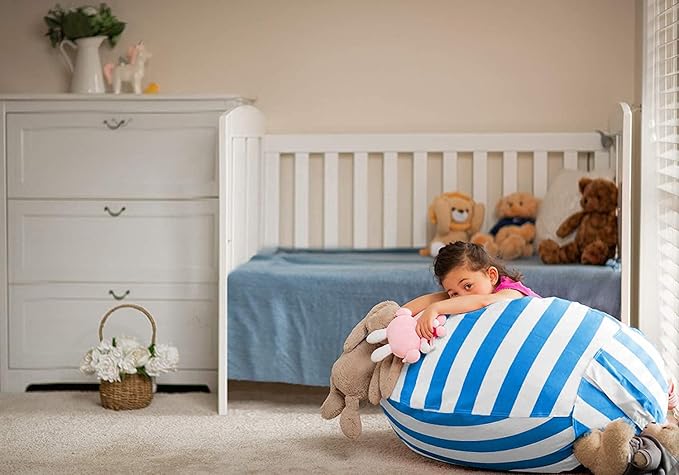 WEKAPO Stuffed Animal Storage Bean Bag Chair Cover for Kids | Stuffable Zipper Beanbag for Organizing Children Plush Toys Large Premium Cotton Canvas (Blue, XX-Large)
