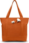 TOPDesign 1-Pack Canvas Tote Bags with an External Pocket, Reusable Grocery Shopping Bags, Top Zipper Closure, Daily Essentials (Orange)