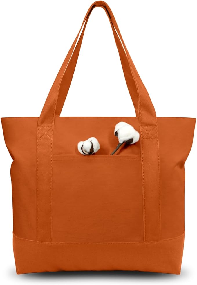 TOPDesign 1-Pack Canvas Tote Bags with an External Pocket, Reusable Grocery Shopping Bags, Top Zipper Closure, Daily Essentials (Orange)