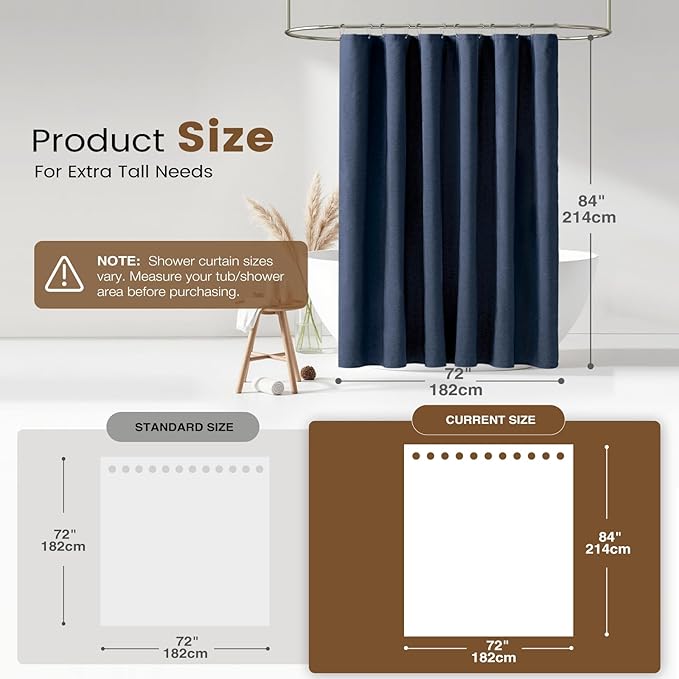 BTTN 3 in 1 Shower Curtain with Liner - 84 Inch Extra Long Linen Textured Fabric Shower Curtain Set with Plastic Hook, Tall Modern Heavy Duty Waterproof Shower Curtain for Bathroom, Navy Blue, 72x84