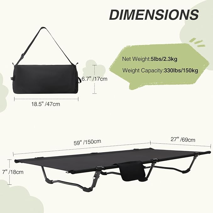 REDCAMP Kids Cot for Sleeping 2-7 Years, Portable Travel Toddler Cot Bed with Carry Bag, Lightweight for Outdoor Indoor Home, Black