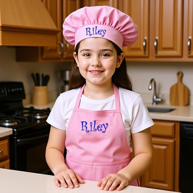 Made in the USA Personalized Embroidered Premium Child Apron and Chef Hat for Kids Girls Boys Fun in the Kitchen Gift (Add a Name Set, Regular with hat)