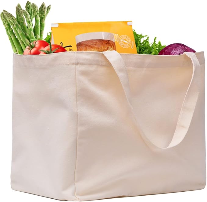 CNaiyunpin Canvas Reusable Grocery Bags Heavy Duty, 8.3 gal Foldable Large Tote Bag with Handles, Holds 60 lbs & Washable Eco-friendly Bags with 5 Pockets, Off white 1 Bags