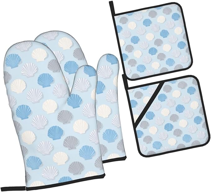 Oven Mitts and Pot Holders Sets of 4 Summer Seashell Blue Pastel Kitchen Potholder Gloves Heat Resistant Non-Slip for Chef Baking Cooking Grilling BBQ Mittens