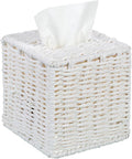 MyGift Decorative White Woven Square Tissue Box Holder with Easy Open Refill Bottom, Bathroom Decor Facial Tissues Cover with Sturdy Paper Rope Material