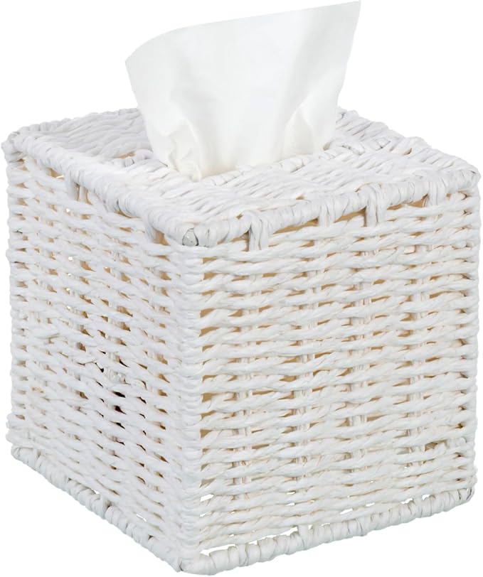 MyGift Decorative White Woven Square Tissue Box Holder with Easy Open Refill Bottom, Bathroom Decor Facial Tissues Cover with Sturdy Paper Rope Material