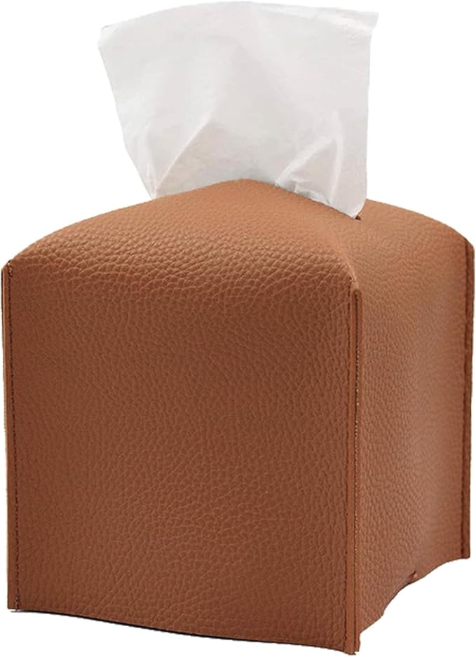 Hapforever 1PC Square Tissue Box Cover, PU Leather Square Tissue Box Holder with Bottom Belt Modern Tissue Box Organizer for Bathroom/Car/Hotel/Office (5.25”x5.25”x5”, Brown)