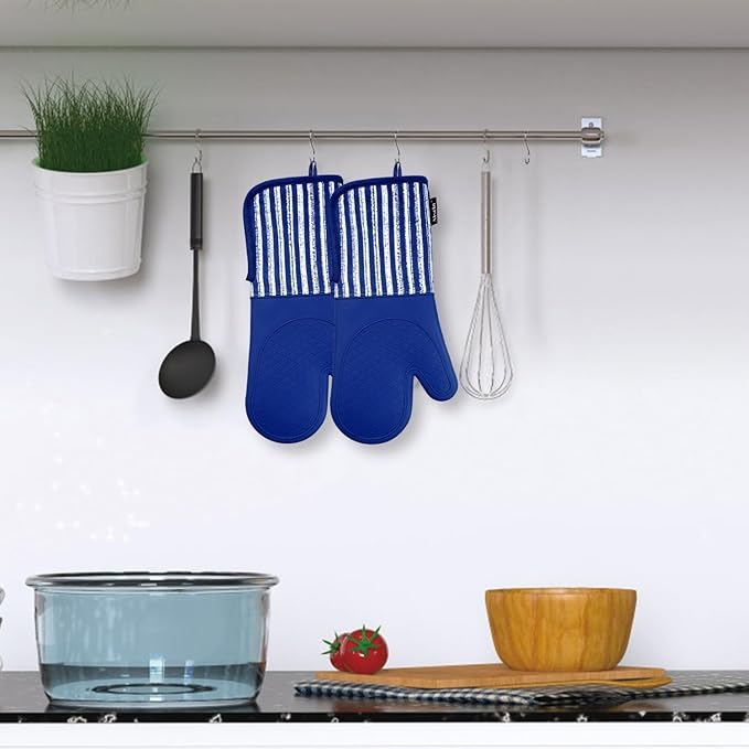 Silicone Oven Mitts Heat Resistant 932℉ with Waterproof & Non-Slip Kitchen Mittens, Set of 2 Extra Long Oven Gloves with Soft Cotton Terry Lining for Baking Cooking Barbecue (Cobait Blue, 2)