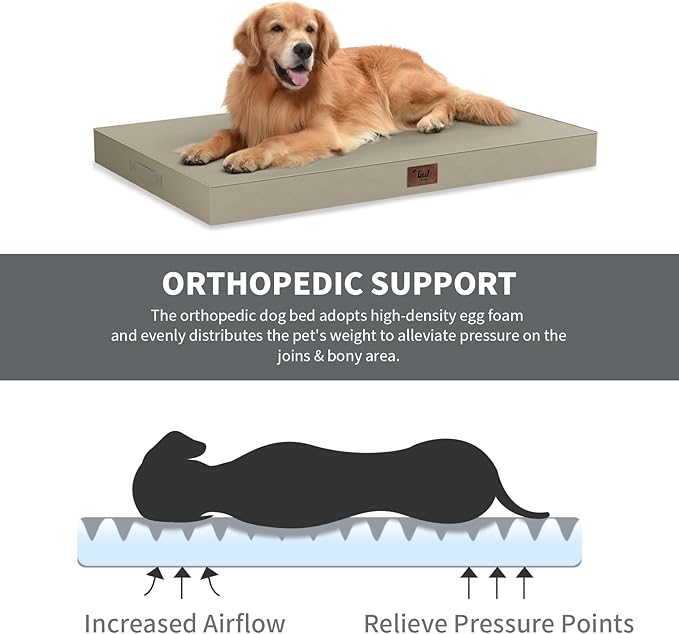 Tail Stories Outdoor Dog Bed for Small Dogs, Waterproof Dog Crate Bed for Medium Dogs Cats, Orthopedic Egg Crate Foam Pet Bed with Washable Removable Oxford Cover, Khaki