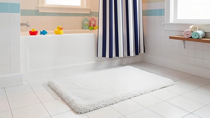 C23 Luxury Shag Bath Rug | 2200 GSM Ultra-Soft Plush Thick Bathroom Mat | 20"x32" White High-Density Shaggy Rug | Non-Slip Natural Latex Back, Absorbent, Machine Washable, 1 Piece
