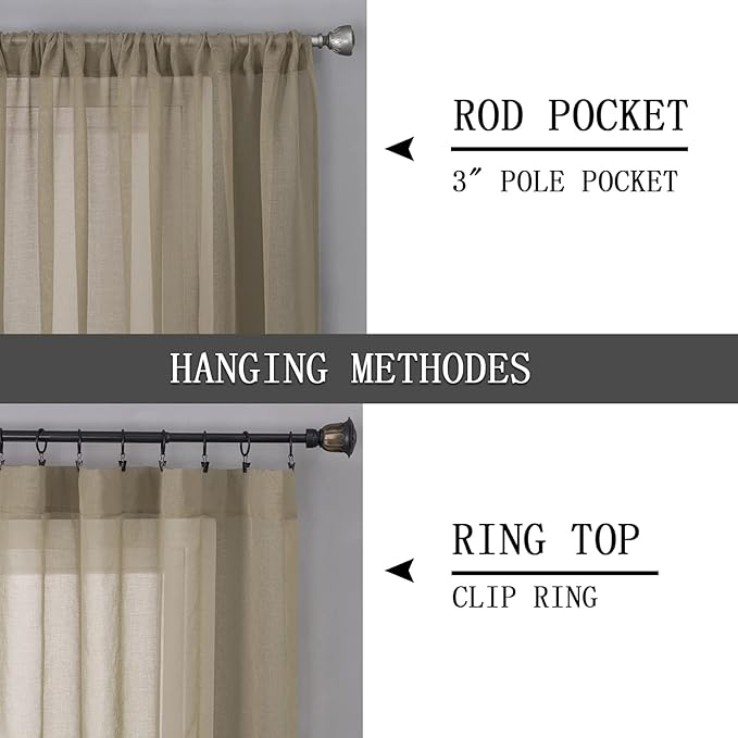 Tollpiz Short Sheer Curtain Living Room Linen Textured Curtains Sheer Light Filtering Voile Rod Pocket Curtain for Bedroom, 38 x 54 inches Long, Taos Taupe, Set of 2 Panels