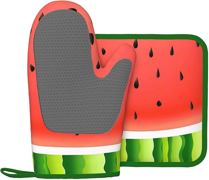 Oven Mitts and Potholders Watermelon Print Silicone Glove Heat Resistant, Kitchen Gloves for Cooking, 2-Piece Set