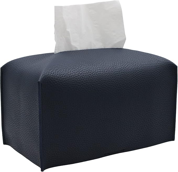Livelab Tissue Box Cover, Rectangular Modern Decorative PU Leather Tissue Box Case Organizer Holder for Vanity Countertop, Night Stands, Livingroom, Office Desk & Car 9.5X5X5'' | Navy Blue