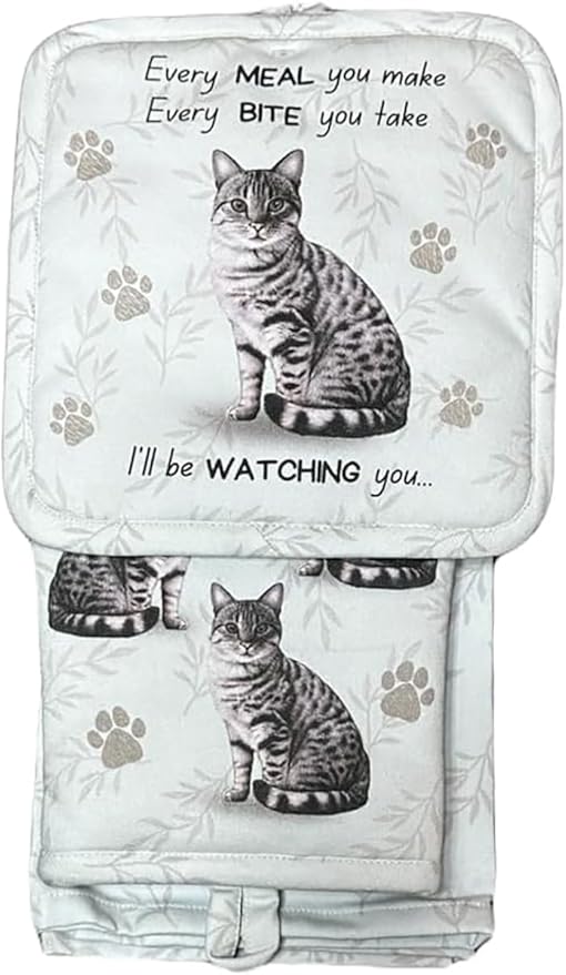 Silver Tabby cat 3-Piece Kitchen Set - Oven Mitt, Pot Holder & Kitchen Towel Set, Heat Resistant up to 420 F, Soft Quilted Cotton for Cooking, Baking, BBQ, Pet Lover Gifts (Tabby Silver Cat)