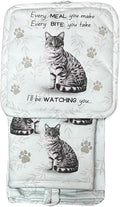Silver Tabby cat 3-Piece Kitchen Set - Oven Mitt, Pot Holder & Kitchen Towel Set, Heat Resistant up to 420 F, Soft Quilted Cotton for Cooking, Baking, BBQ, Pet Lover Gifts (Tabby Silver Cat)