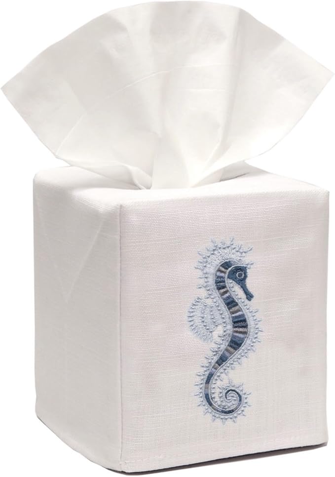 Jacaranda Living Square Tissue Box Cover, Linen/Cotton Fabric Tissue Holder, Decorative Cloth Tissue Cube Cover, Coastal Designs Seahorse, Blue