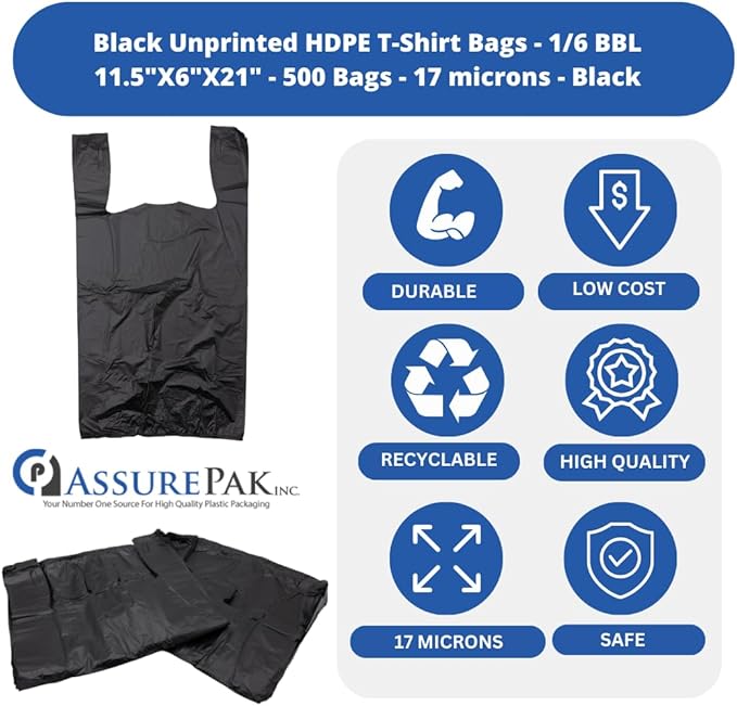 ASSUREPAK Easy Open - Black Unprinted HDPE T-Shirt Bags 11.5"x6"x21" with handles – 500 Units – 17 Microns – Perfect for Grocery Shopping and Store Purchases 20018-EO