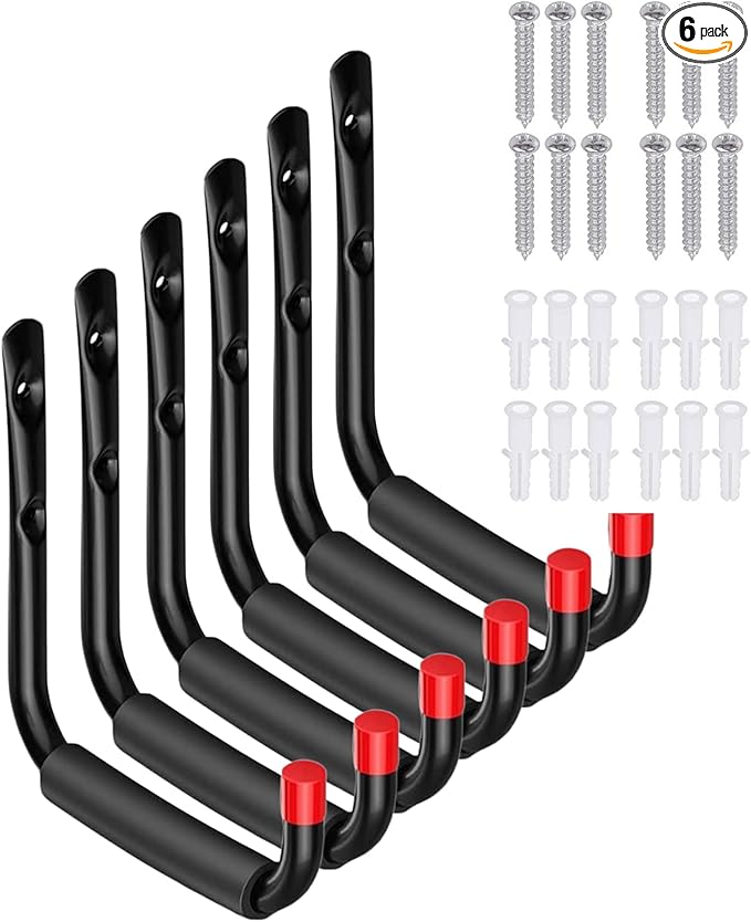 CRXCRC 6 Pack Garage Hooks Heavy Duty, Utility Steel Hooks with EVA Foam Padding, 5.51inch Wall Mount J Organizer Hanger for Hanging Bikes Kayak Garden Tool Hose Bike Shelf