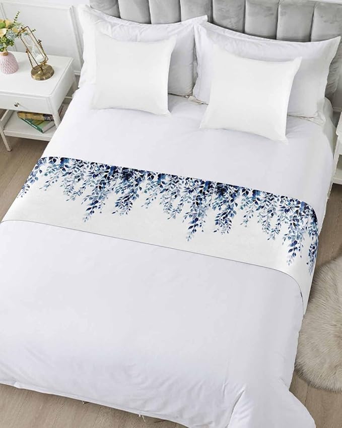 DecorLovee Blue Eucalyptus Bed Runners for Cal King Size Bed, Weeping Botanical Decorative Bed Throws for Foot of Bed, Leaf Watercolor Bed Runner Sofa Throw Bedding Scarf Slipcover for Bedroom
