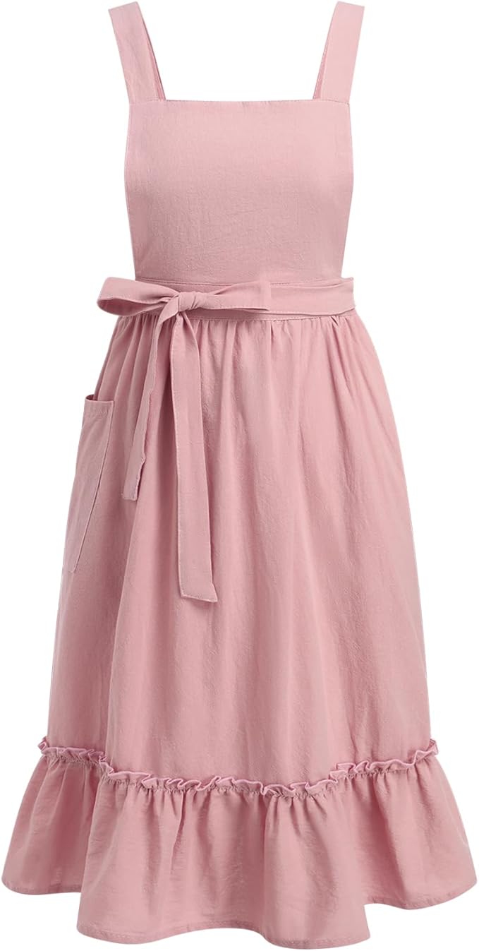 ODIZLI Frill Apron for Women Cotton Cross Back Vintage Ruffle Apron for Garden Cooking Aprons