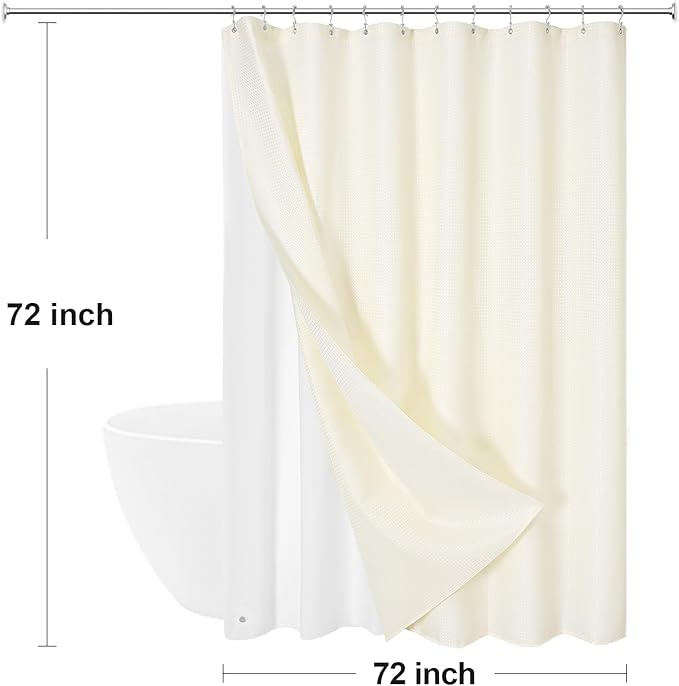 Craidlela 3 in 1 Shower Curtain Set, Cream Waffle Shower Curtain and PEVA Liner Set with 12 Stainless Steel Shower Curtain Hooks, Ivory Waterproof Fabric Shower Curtains for Bathroom, 72 W x 72 H