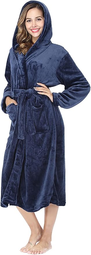 RONGTAI Womens Robes Plush Fleece Hooded Bathrobe Thick Nightgown with Pockets Fluffy Sleepwear