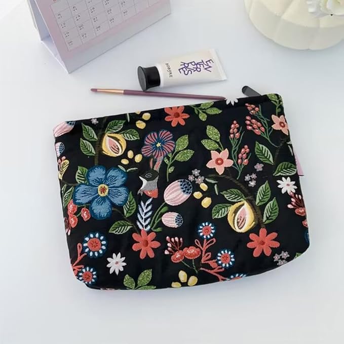 SxoSyo Cosmetic Bags for Women Makeup Bag Large Capacity Purse Travel Toiletry Zipper Storage Pouch Make up Brushes Organizer for Gifts (Flowers, Black)