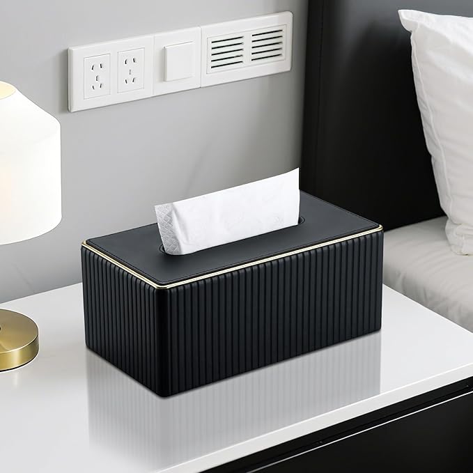 KINGFOM Rectangular Tissue Box Cover, PU Leather Tissue Box Holder with Magnetic Bottom, Napkin & Facial Tissue Holder Dispenser Decorative Box Cover for 120-count (3-Ply) 160-count (2-Ply) Black