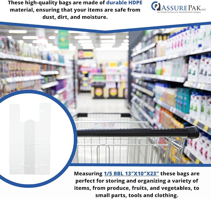 Easy Open - White Unprinted HDPE T-Shirt Bags 13"x10"x23" with handles – 500 Bags – 14 Microns - 1/5 BBL – Perfect for Supermarkets, Grocery Shopping and Store Purchases
