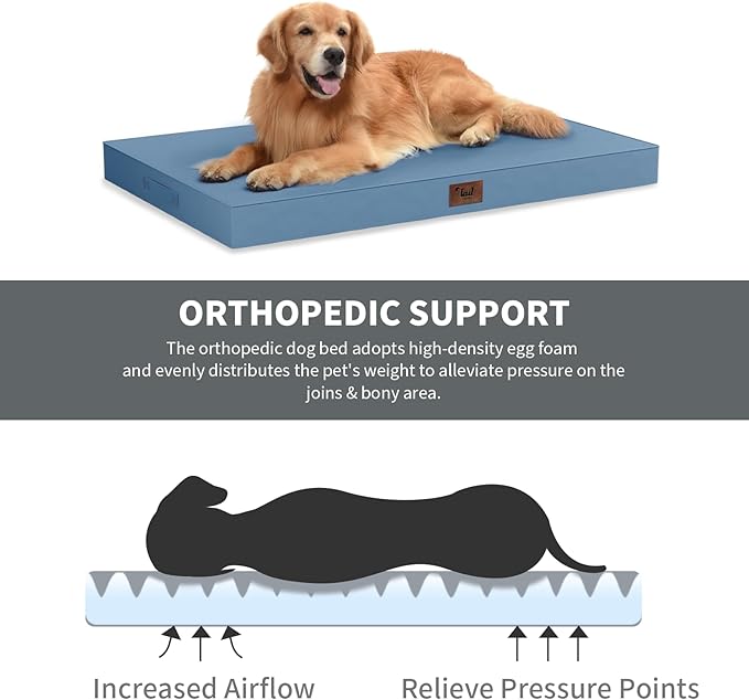 Tail Stories Large Outdoor All Weather Dog Bed, Waterproof Pet Bed for Large Dogs, Orthopedic Egg Crate Foam with Washable Removable Oxford Cooling Cover, 36x27 Inch, Blue