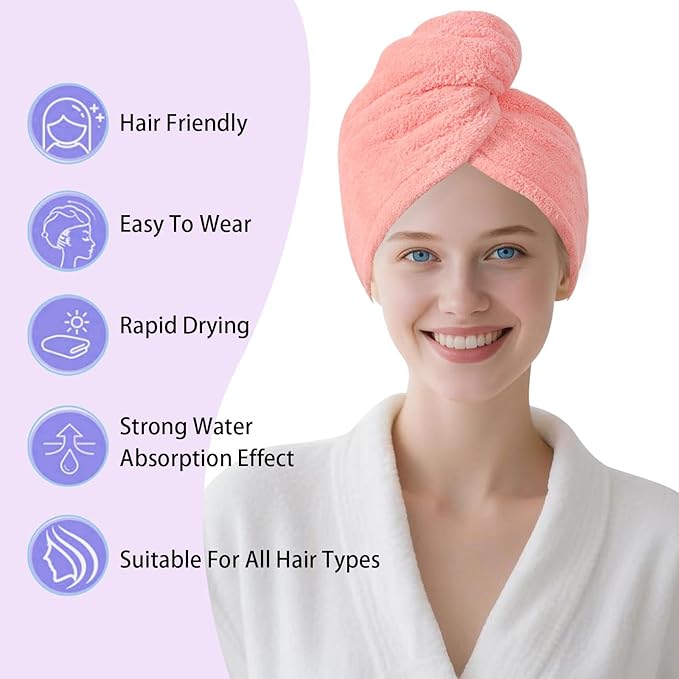 AGKXHDEC 1 Pack Double Layer Microfiber Towel, Hair Turbans for Wet Hair, Drying Hair Wrap for Women(Pink)