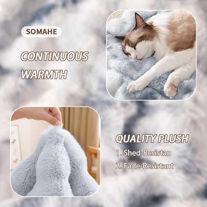 SOMAHE Cat Bed Ultra Soft Plush Machine Washable Pet Mat with Non-Slip Rubber Bottom for Indoor Cats & Dogs Faux Fur Cushion Pad for Floor Couch Carrier for Kittens & Puppies 23 x 15 Inch Medium Blue