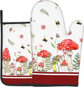 Mushroom Oven Mitts and Pot Holders Set of 2，Wildflower Botanical Heat Resistant Oven Gloves Funny Decorative Kitchen Hot Pads and Mitts for Chef Baking Cooking Grilling