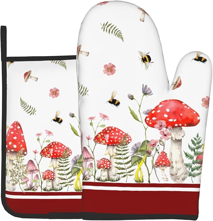 Mushroom Oven Mitts and Pot Holders Set of 2，Wildflower Botanical Heat Resistant Oven Gloves Funny Decorative Kitchen Hot Pads and Mitts for Chef Baking Cooking Grilling