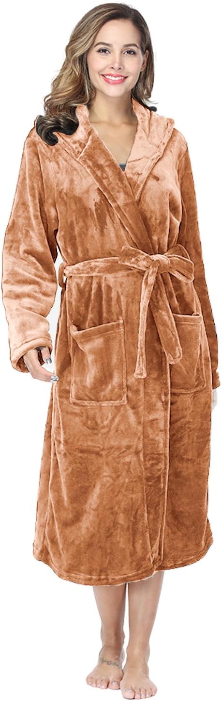 RONGTAI Womens Robes Plush Fleece Hooded Bathrobe Thick Nightgown with Pockets Fluffy Sleepwear