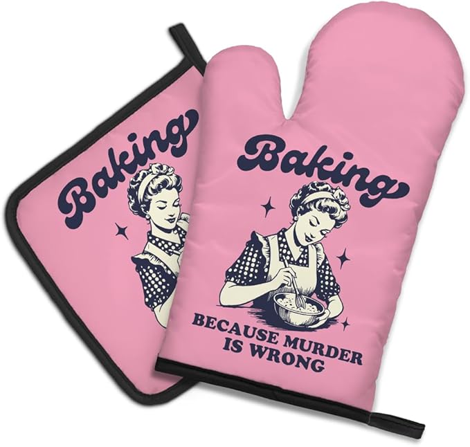 DYJYBMY Baking Because Murder is Wrong Funny Oven Mitts and Pot Holder Set, Humorous Vintage Kitchen Gadgets for Women, Birthday Gifts for Bake Lover Chef, Hostess Gifts for Mom Wife Sister BFF (FS)