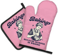 DYJYBMY Baking Because Murder is Wrong Funny Oven Mitts and Pot Holder Set, Humorous Vintage Kitchen Gadgets for Women, Birthday Gifts for Bake Lover Chef, Hostess Gifts for Mom Wife Sister BFF (FS)