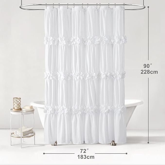 XOGUIBO Ruffle Shower Curtain with Handmade Bow Tie, White Linen Vintage Farmhouse Shower Curtain for Bathroom, 72" W x 90" H