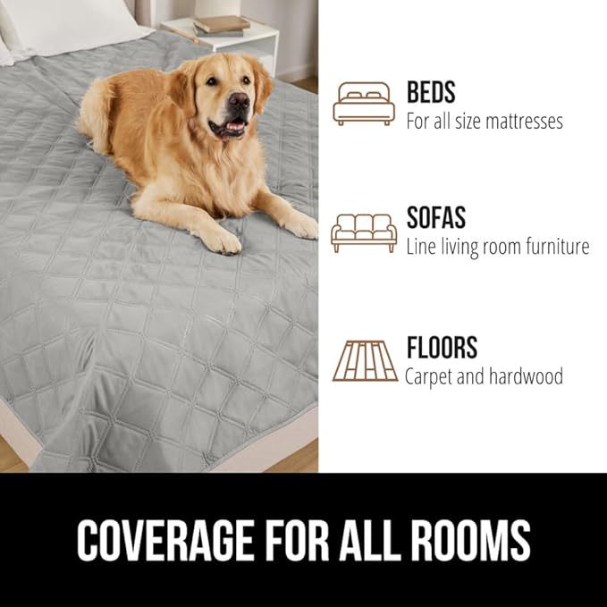 GORILLA GRIP Waterproof Bed Cover for Dogs, 102x82, Gripped Slip Resistant Backing, Leak Proof Washable Dog Blanket Covers Sofa, Couch, Sectional, Crate, Car, RV Seats, Pet Puppy Essentials Light Gray