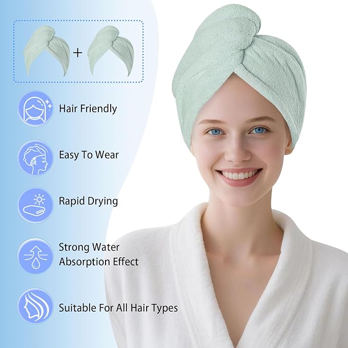 AGKXHDEC 2 Packs Single Layer Microfiber Hair Turbans - Drying Wrap for Women (Light Green-2pcs)