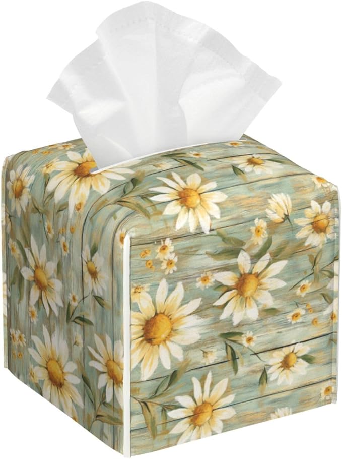 PVC Tissue Box Cover Holder,Daisy Square Decorative Organizer,5.2"X5.2"X5.2" Tissue Case for Bathroom, Tabletop, Car, Office