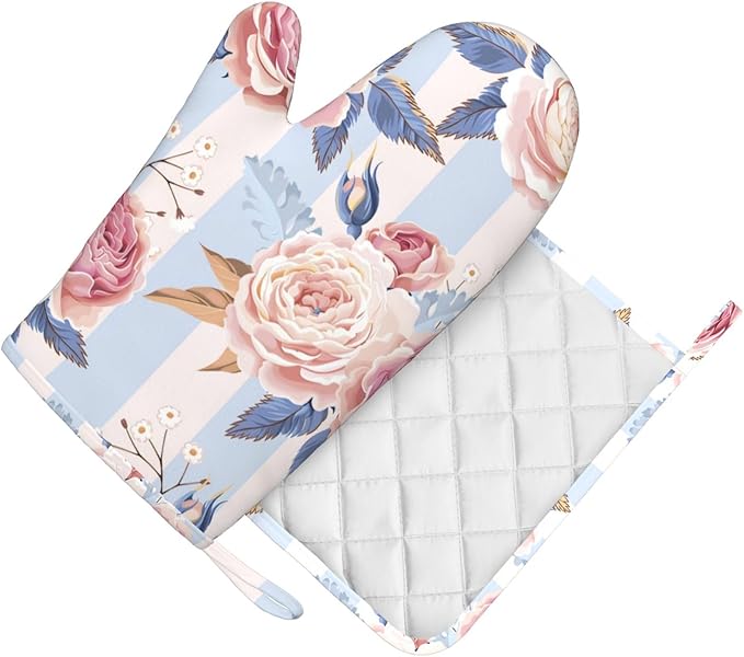 Blue Striped Flowers Oven Mitts and Pot Holders Sets, Home Silicone Heat Resistant BBQ Gloves for Kitchen Baking Cooking Grilling Microwave
