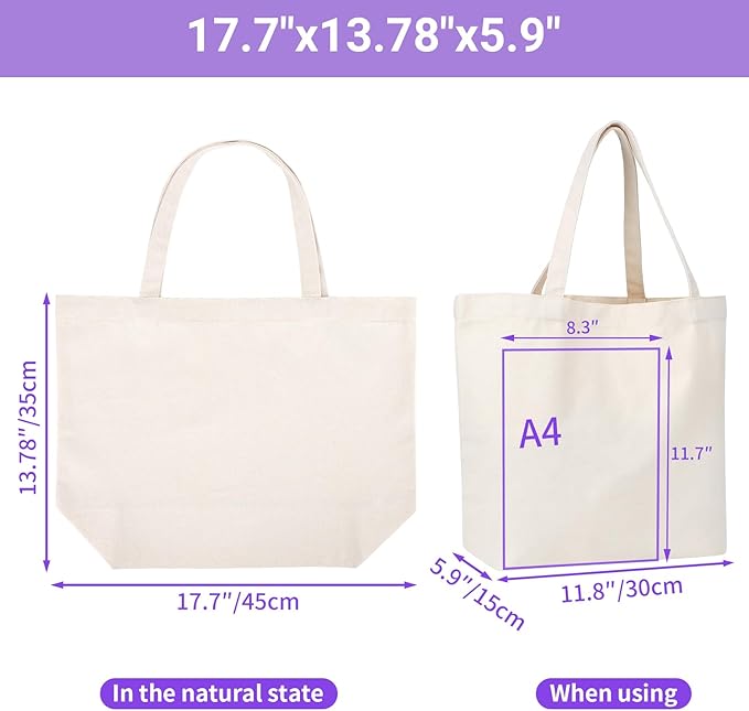 Segarty Canvas Tote Bag, 3 Pack 17.7x13.78x5.9 Blank Canvas Tote Bags for Women, Reusable Tote Bag with Natural Cotton and Shoulder Strap, Bulk for DIY, Grocery Shopping, Beach, Travel，Gift
