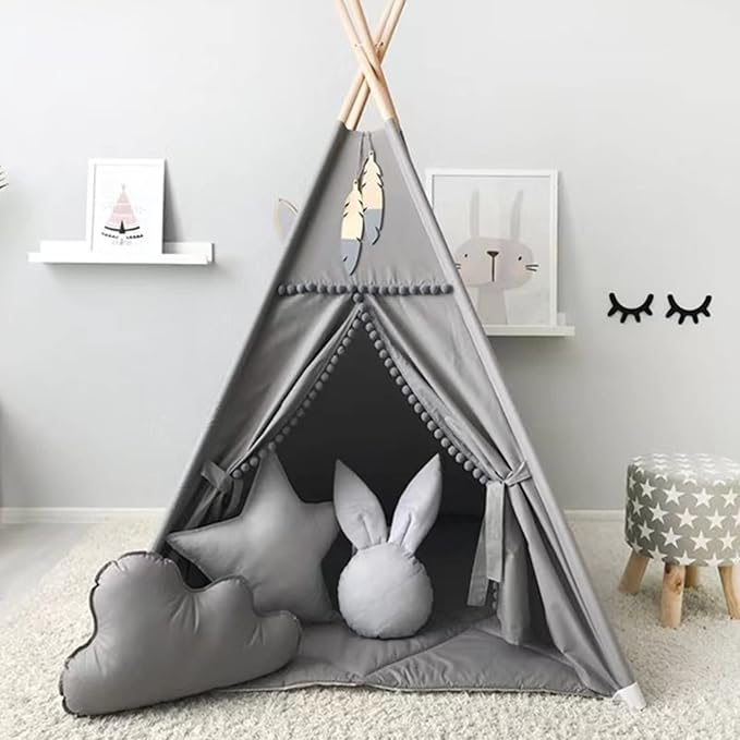 RONGFA Kids Teepee Tent with White Pom Pom - Indoor Play Teepee for Children Boys Portable Play House (Grey)