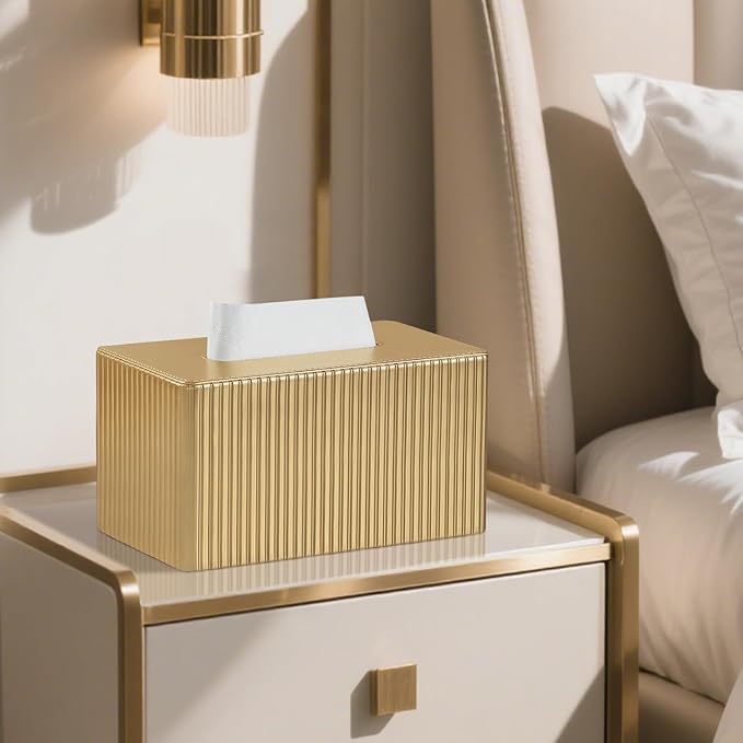 MEIBOOCH PU Leather Tissue Box Cover Square, Rectangle Tissue Box Holder with Magnetic Closure, Decorative Tissue Holder for Bathroom Bedroom Office (Gold, Rectangle for 180 to 230 Count Tissues)